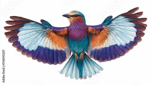 A vibrant lilac breasted roller bird with wings spread wide against a white background