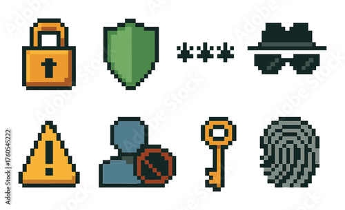Retro pixel security icons featuring locks, shield, detective hat, and fingerprint on gradient background