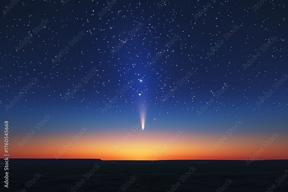 Obraz premium Bright comet with a long tail streaking across a starry night sky during twilight. Space exploration concept for astronomy and science.