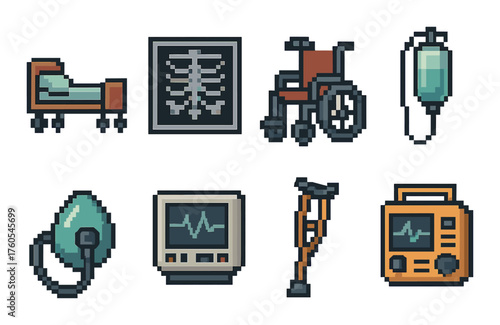 Pixel art medical equipment icons: bed, x-ray, wheelchair, iv drip, oxygen mask, monitor, crutch, defibrillator