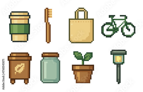 Pixel art icons: eco-friendly items including cup, toothbrush, bag, bicycle, bin, jar, plant, light