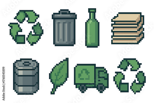 Pixel art icons of recycling and waste management: bins, bottles, paper, and eco symbols