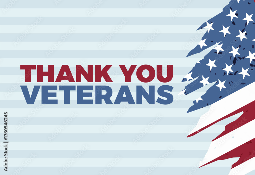 Fototapeta premium Veterans Day 2025 Poster Design - Thank You Veterans Bold Typography with Grunge American Flag. Perfect for Banner, Background, Greeting, Social Media and Honoring Designs. Vector Illustration