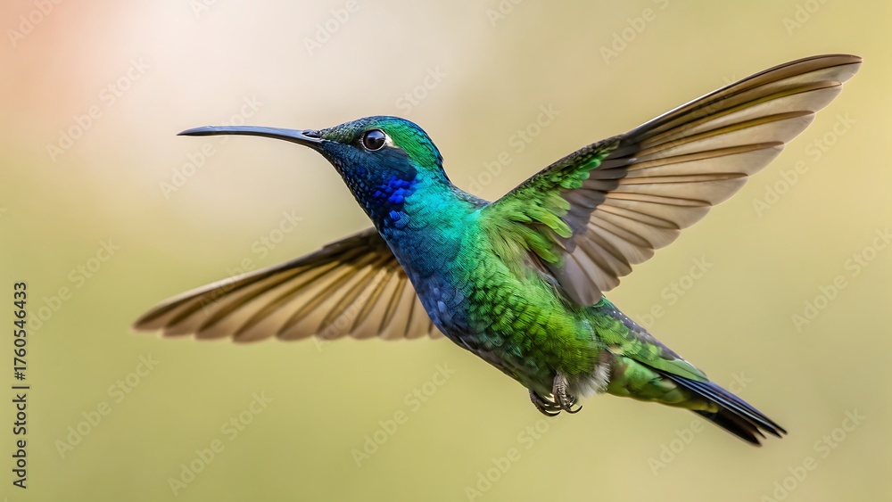 Obraz premium A vibrant bluechinned sapphire hummingbird in flight, showcasing its iridescent green plumage and delicate wings against a soft, blurred background
