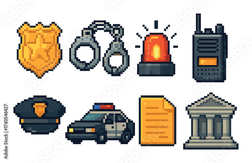 Pixel art police icons badge handcuffs siren radio officer car document courthouse