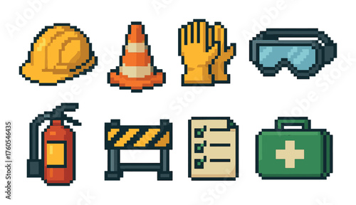 Pixel art safety equipment icons including helmet, cone, gloves, goggles, extinguisher, barrier, checklist, first aid