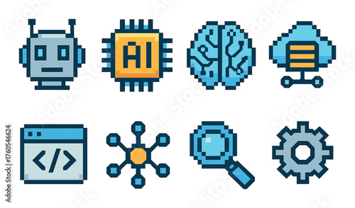 Pixel art icons representing ai, robotics, and technology concepts