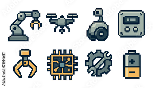 Pixel art robotics icons: arm, drone, sensor, chip, gear, battery