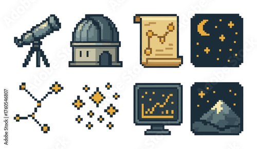 Pixel art astronomy icons: telescope, observatory, constellations, night sky, mountain