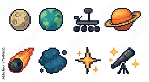 Pixel art space icons: planets, rover, comet, telescope with retro vibes