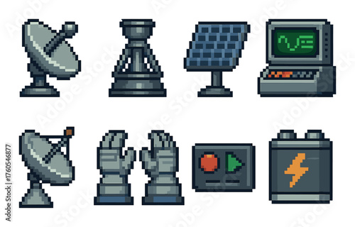 Retro pixel art space icons: satellite, telescope, solar panel, computer, gloves, power supply