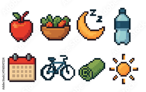 Pixel art health icons: apple, vegetables, moon, water bottle, calendar, bicycle, yoga mat, sun