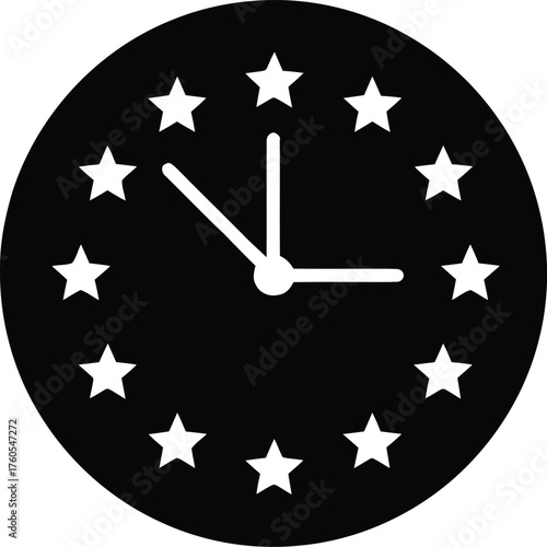 Black vector icon of a clock with numbers replaced by stars, symbolizing time, night, celestial themes, and minimalist design.