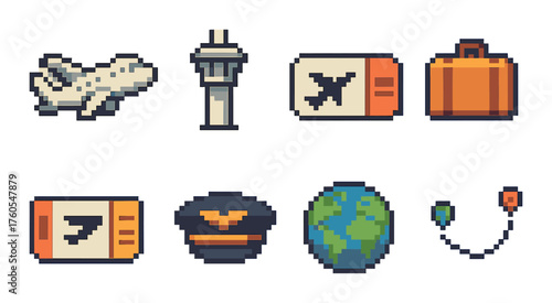 Pixel art travel icons: airplane, control tower, ticket, luggage, earth, headphones