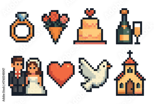 Pixel art wedding icons: ring, cake, couple, heart, dove, church