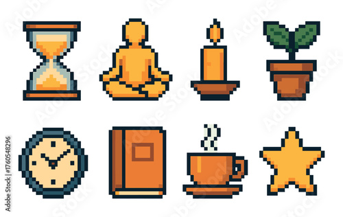 Pixel art icons of meditation, candle, plant, clock, book, cup, star, hourglass