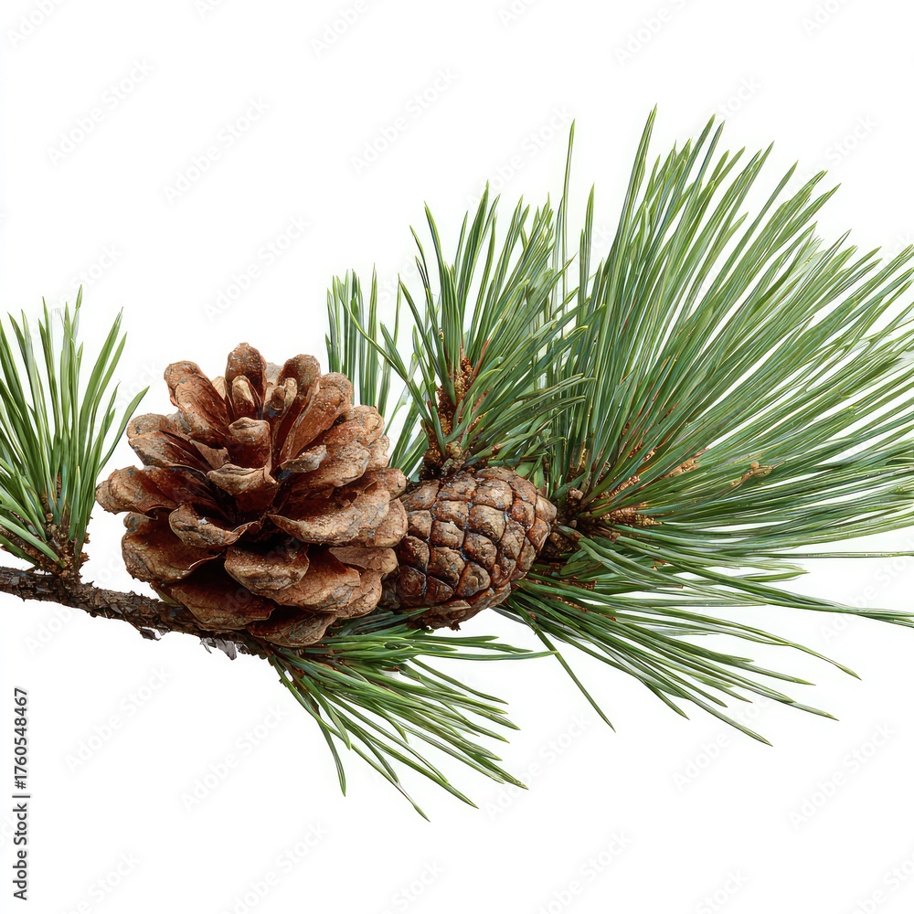 Fototapeta premium Pine branch with cones on a white background