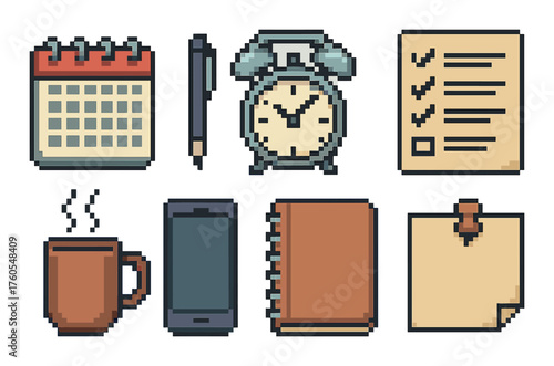 Pixel art office essentials: calendar, clock, checklist, coffee, pen, phone, notebook, sticky note