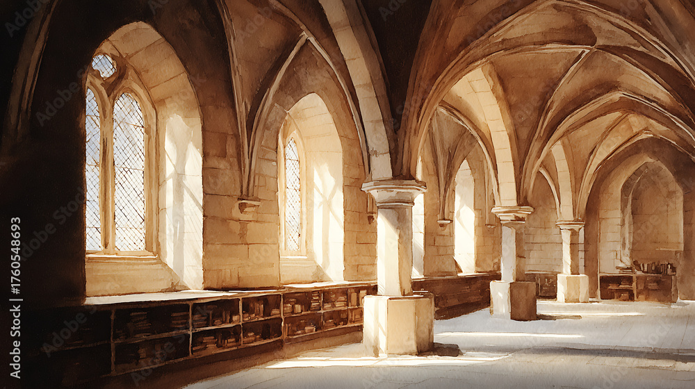 Fototapeta premium Sunlit Medieval Hall Interior with Vaulted Ceilings and Stone Pillars