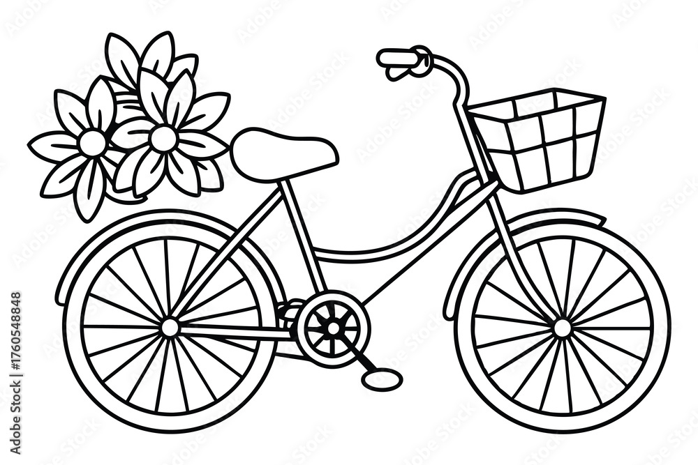 Fototapeta premium Vintage Bicycle with Flowers Line Art - Floral Bike Basket Outline Black and White Vector