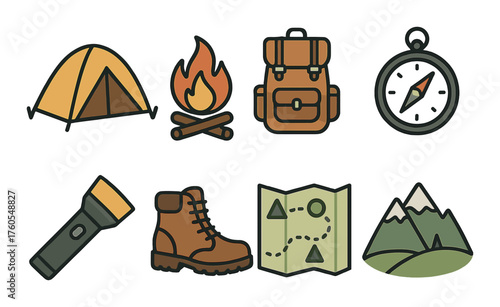 Camping adventure essentials: tent, fire, backpack, compass, flashlight, boots, map, mountains