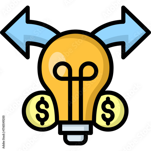 Pivot Lineal Color Icon – Financial Direction Change Idea Symbol with Lightbulb and Arrows for Business Strategy