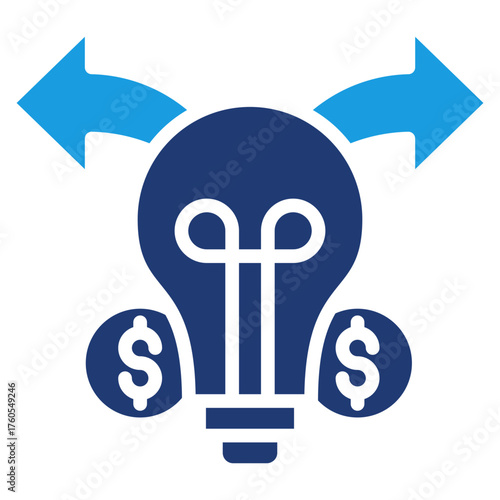 Pivot Strategy Glyph Blue Icon – Lightbulb Money Arrows Symbol for Business Direction and Change
