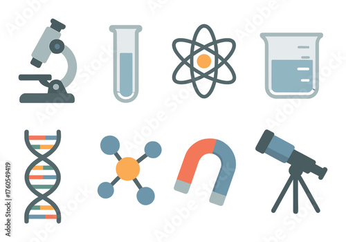 Science icon set: microscope, atom, dna, telescope, and more