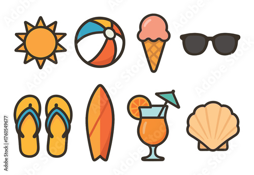 Summer icons: sun, beach ball, ice cream, sunglasses, flip-flops, surfboard, cocktail, shell