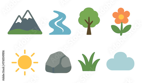 Colorful nature icons: mountains, river, tree, flower, sun, rock, grass, cloud