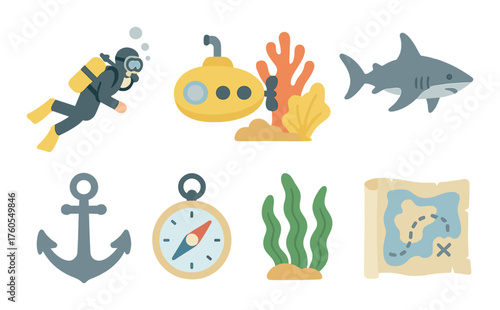 Colorful underwater adventure with diver and marine icons