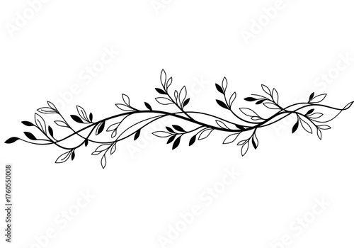 Decorative black and white vine with leaves in minimalist style  