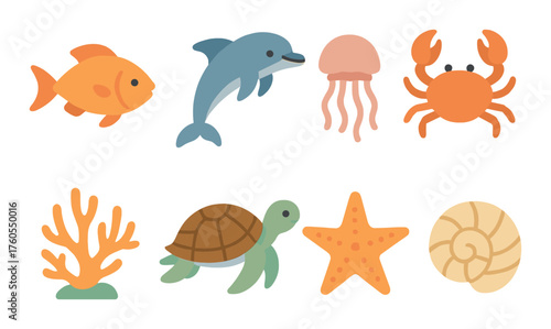 Colorful marine life illustrations featuring fish, dolphin, crab, and more