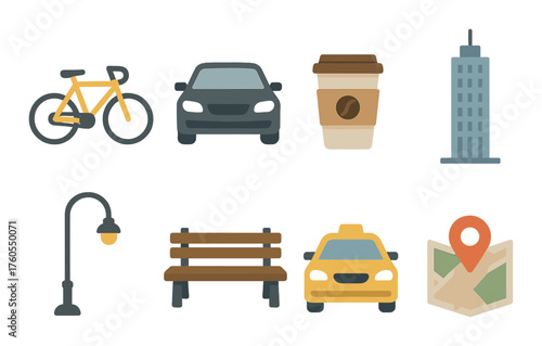 Urban icons of transportation and amenities: bike, car, coffee, building, lamp, bench, taxi, map pin