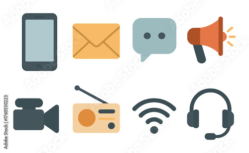 Digital communication tools: smartphone, email, chat, megaphone, video, radio, wifi, headset icons