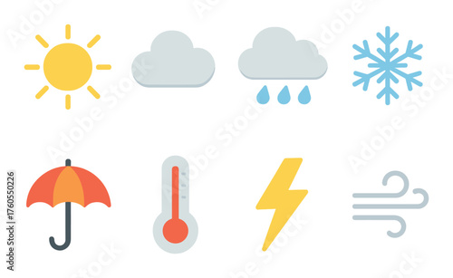 Bright abstract weather icons: sun, clouds, snow, rain, umbrella, thermometer, lightning, wind
