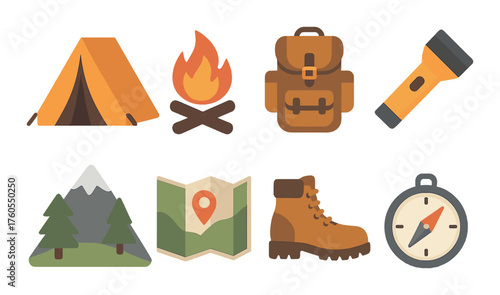 Camping adventure icons: tent, campfire, backpack, flashlight, mountain, map, hiking boot, compass