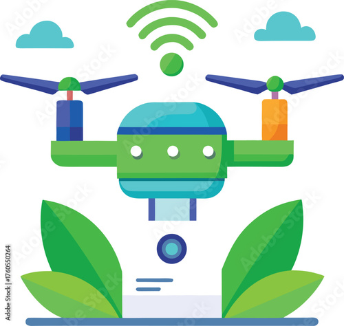 Stylized Drone with Wi-Fi Signal – Colorful Aerial Technology in Outdoor Agricultural Setting