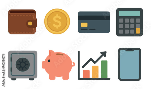 Digital wallet, coin, card, calculator, safe, piggy bank, chart, smartphone icons