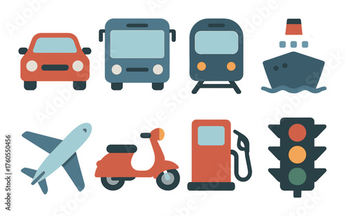 Transport icons set: car, bus, train, ship, plane, scooter, fuel pump, traffic light