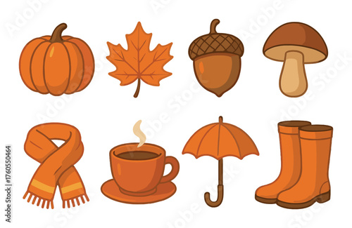 Autumn collection: pumpkin, maple leaf, acorn, mushroom, scarf, coffee, umbrella, boots