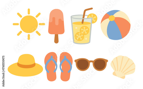 Summer vibes: beach ball, lemonade, sunglasses, hat, shell, popsicle, flip flops