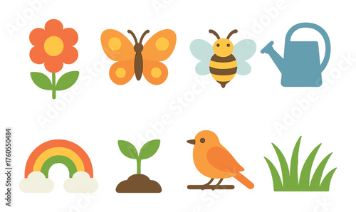 Colorful garden icons: flowers, insects, watering can, rainbow, seedlings, grass