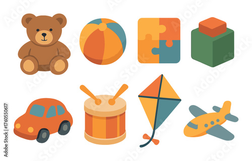 Colorful children's toys illustration with bear, ball, puzzle, drum, kite, and plane