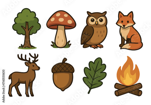 Cartoon forest elements: tree, mushroom, owl, fox, deer, acorn, leaf, fire