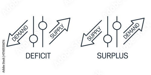 Supply and demand. Shortages and surpluses. Regulation of the quantity and prices of goods and services.Vector linear icon illustration isolated on white background.