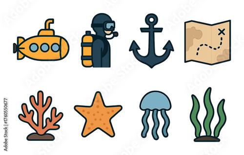 Colorful nautical icons illustrating ocean exploration and marine life