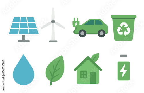 Sustainable energy icons featuring solar, wind, electric car, recycling, water, leaf, house, battery
