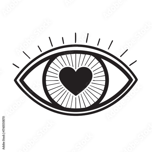 Minimalist black and white eye illustration with a heart shaped pupil.