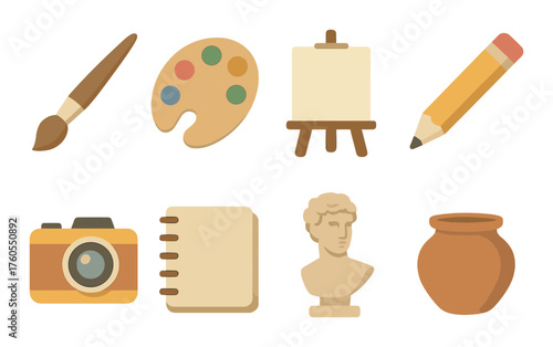 Art tools and symbols: brush, palette, easel, pencil, camera, notepad, sculpture, vase